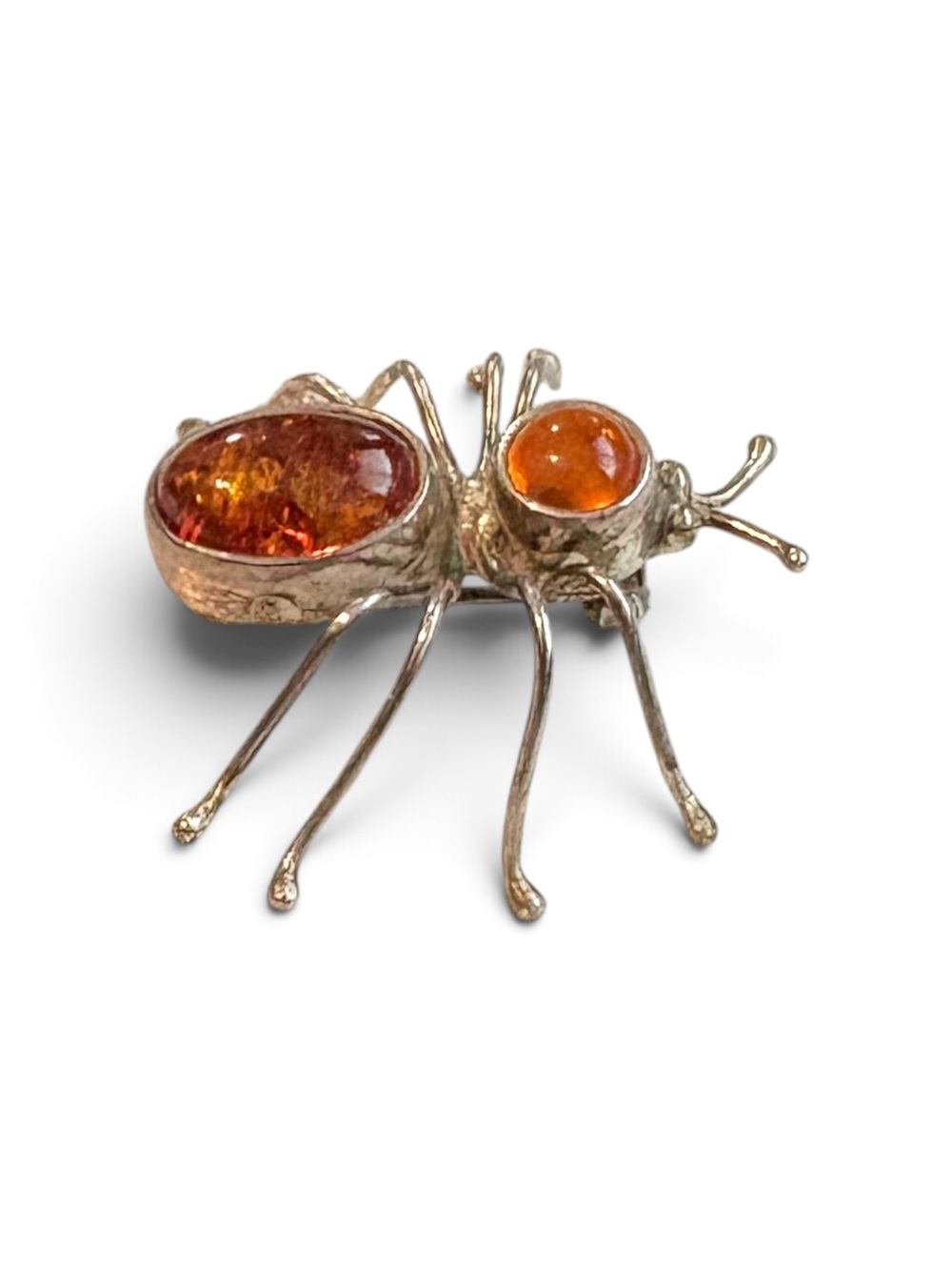 Vintage Style Silver Tone Ant Brooch Amber Color Cabochon Insect Pin